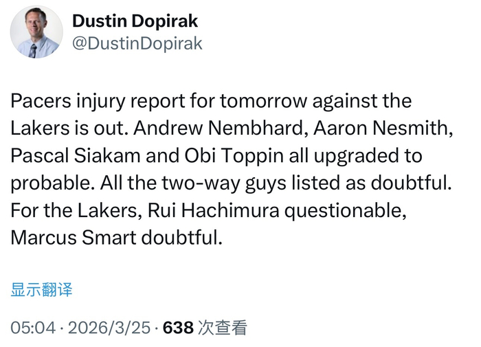 步行者伤病更新：四将或复出 祖巴茨赛季报销